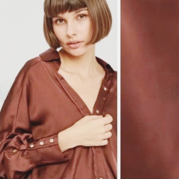 Zara Satin Effect Blouse, With Garter Band,Brown, Women's Large - Picture 4 of 12